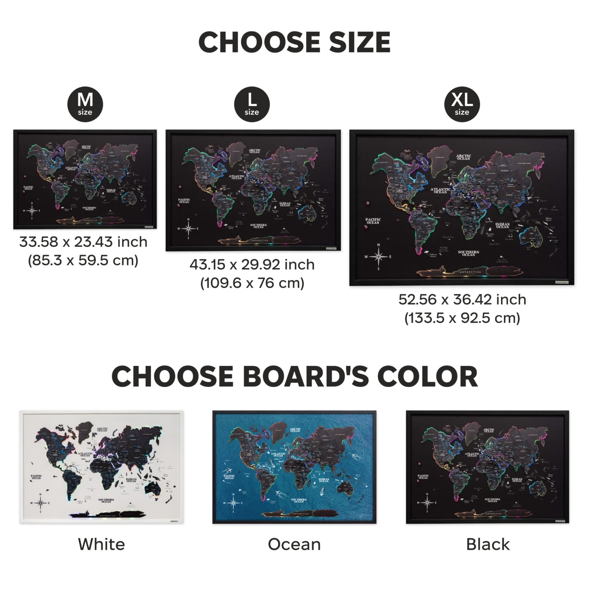 World map scratch board with size and color options displayed.