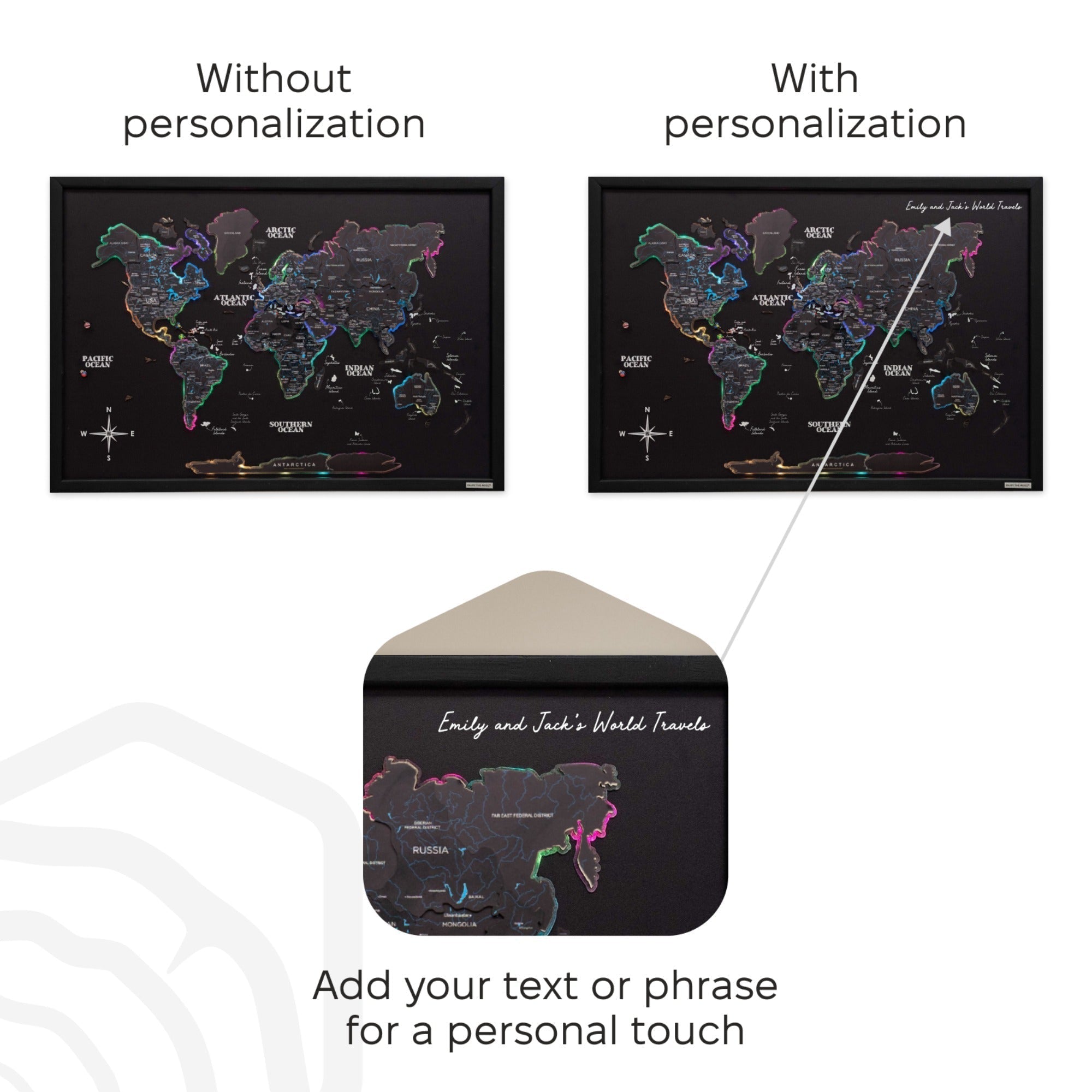 World map with and without personalization text, showing customization option.