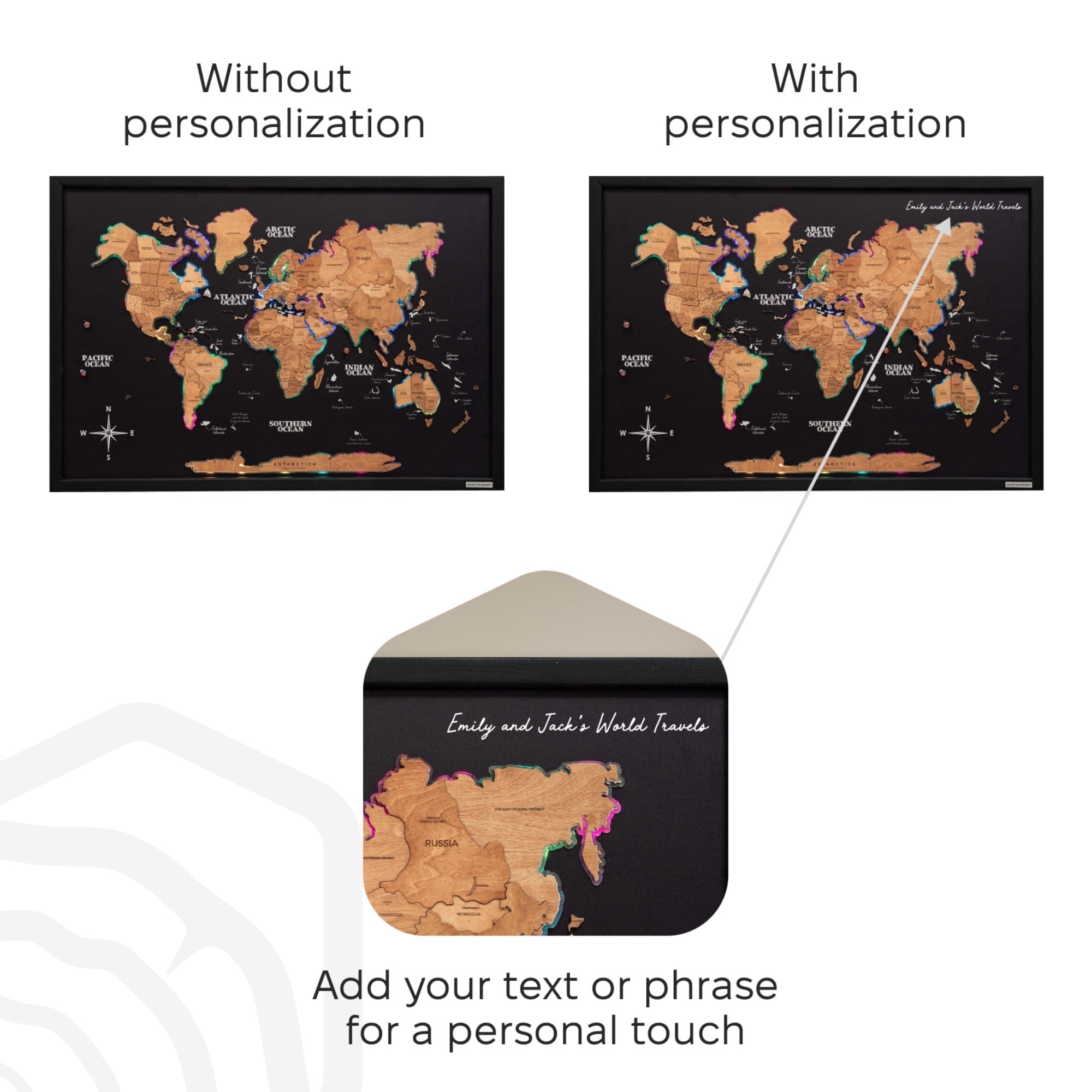 World map with and without personalization text, showing customization option.