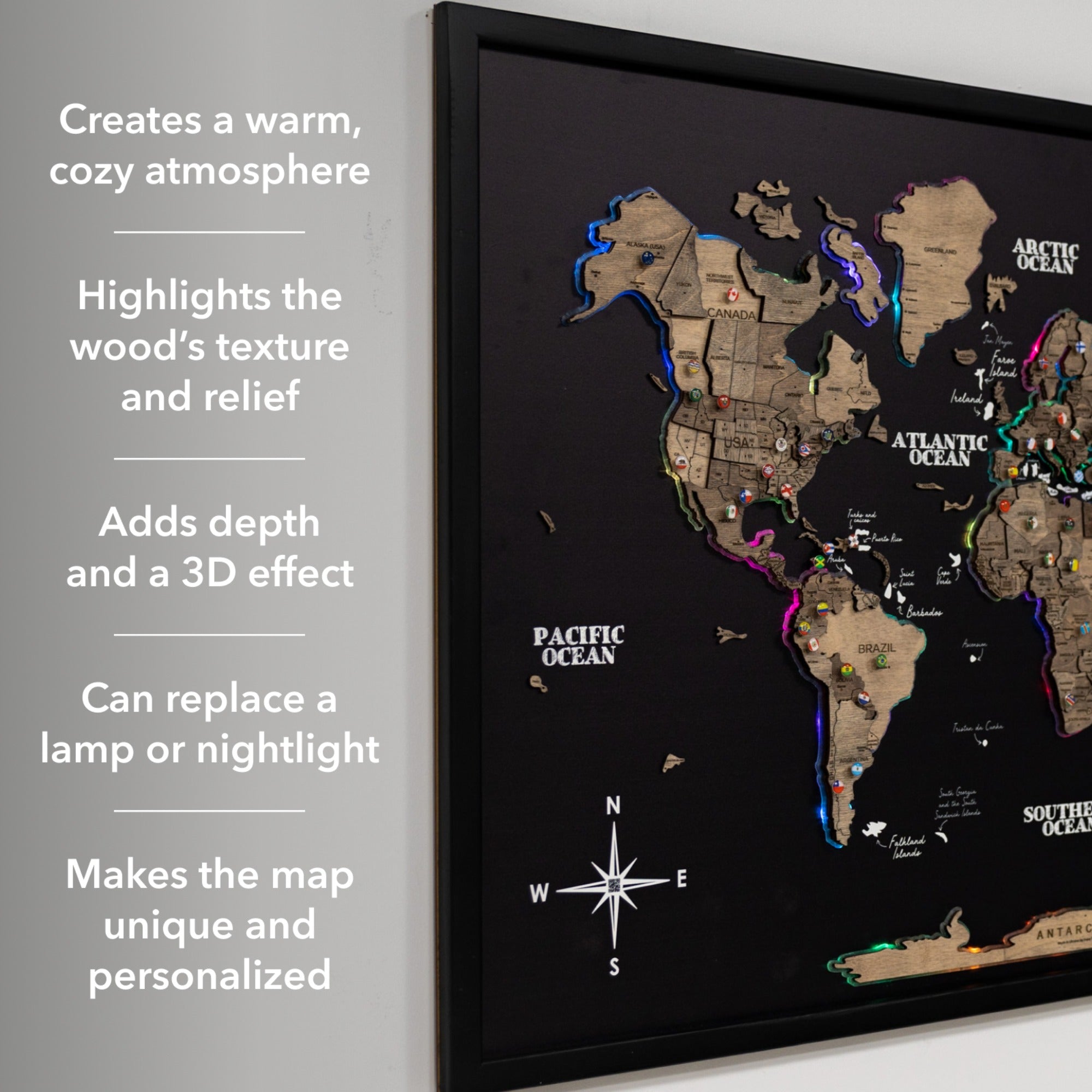 World map with wooden texture and relief, framed on a wall.