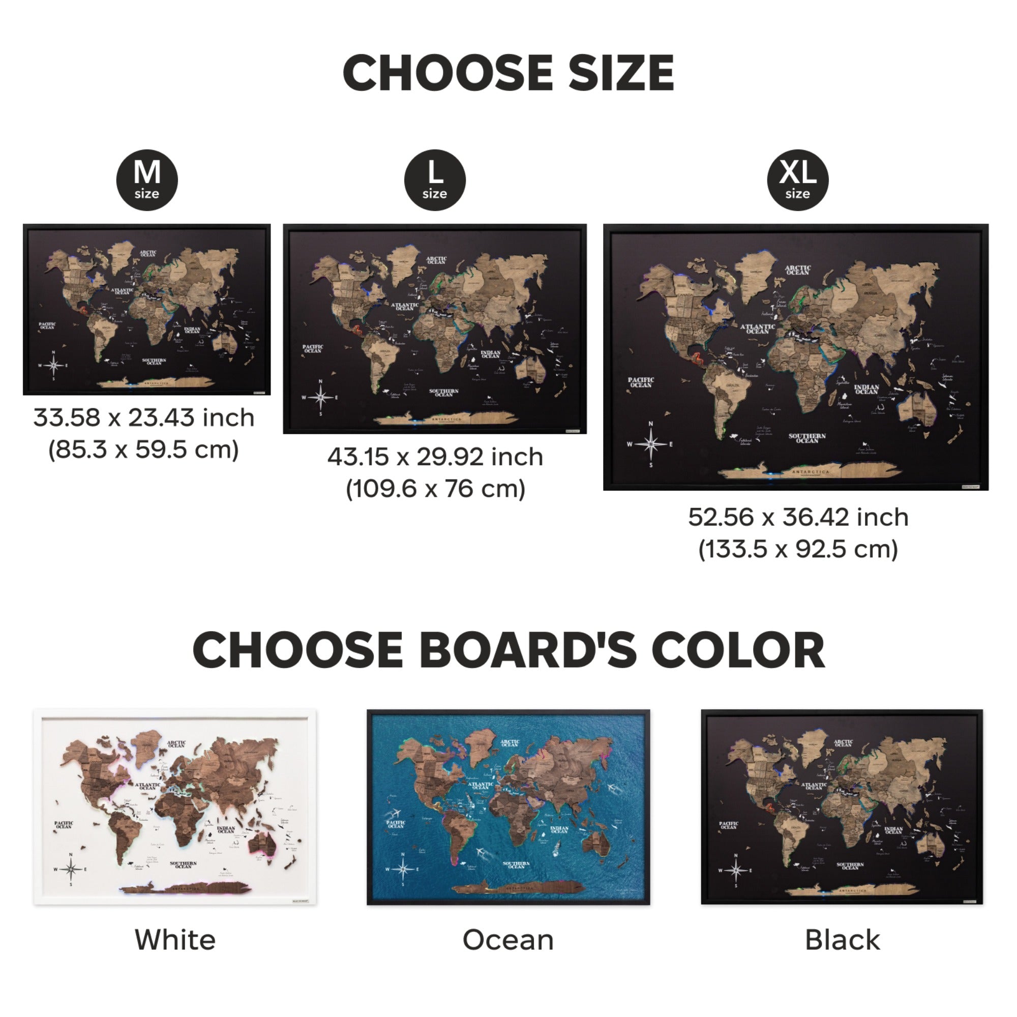 World map with size and color options displayed