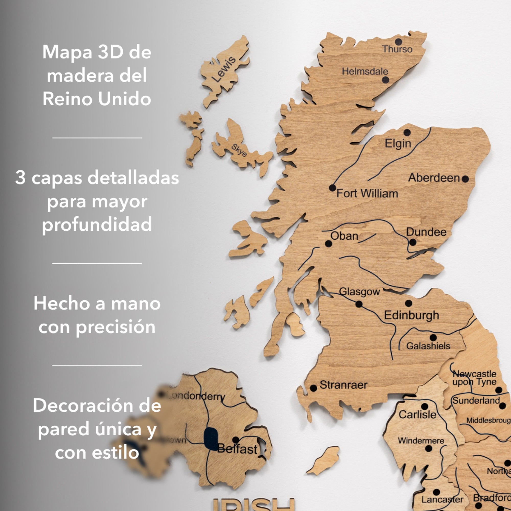 Mapa de Madera 3D del Reino Unido – Dorado