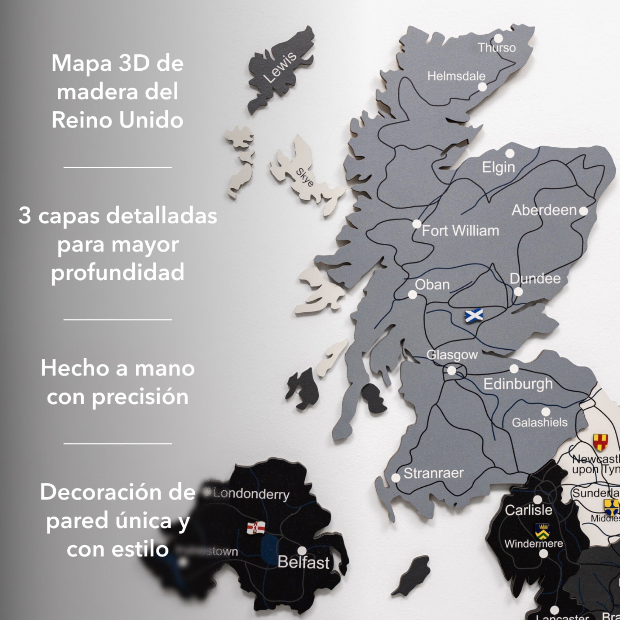 Mapa de Madera 3D del Reino Unido – Nórdico