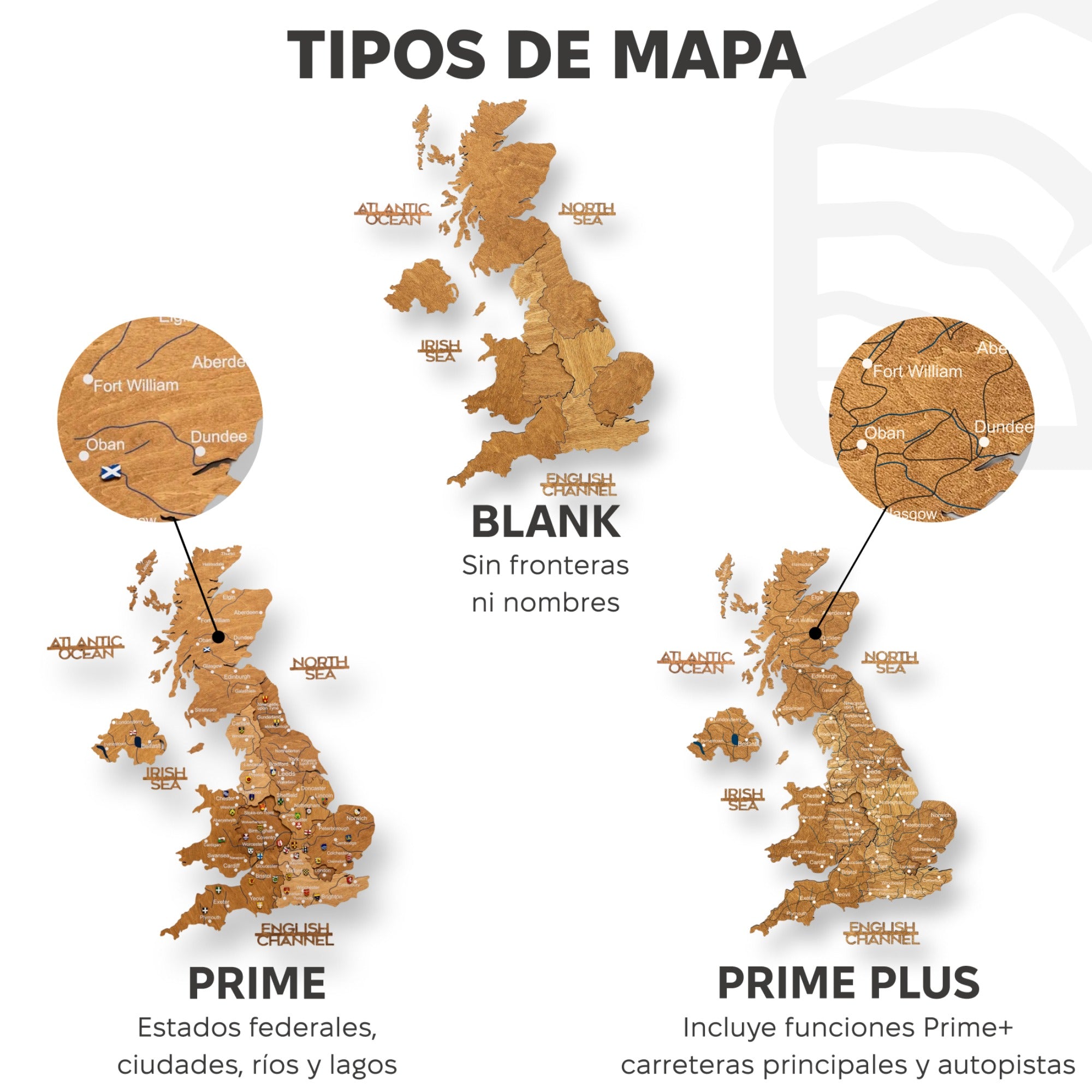 Mapa de madera 3D del Reino Unido – Roble