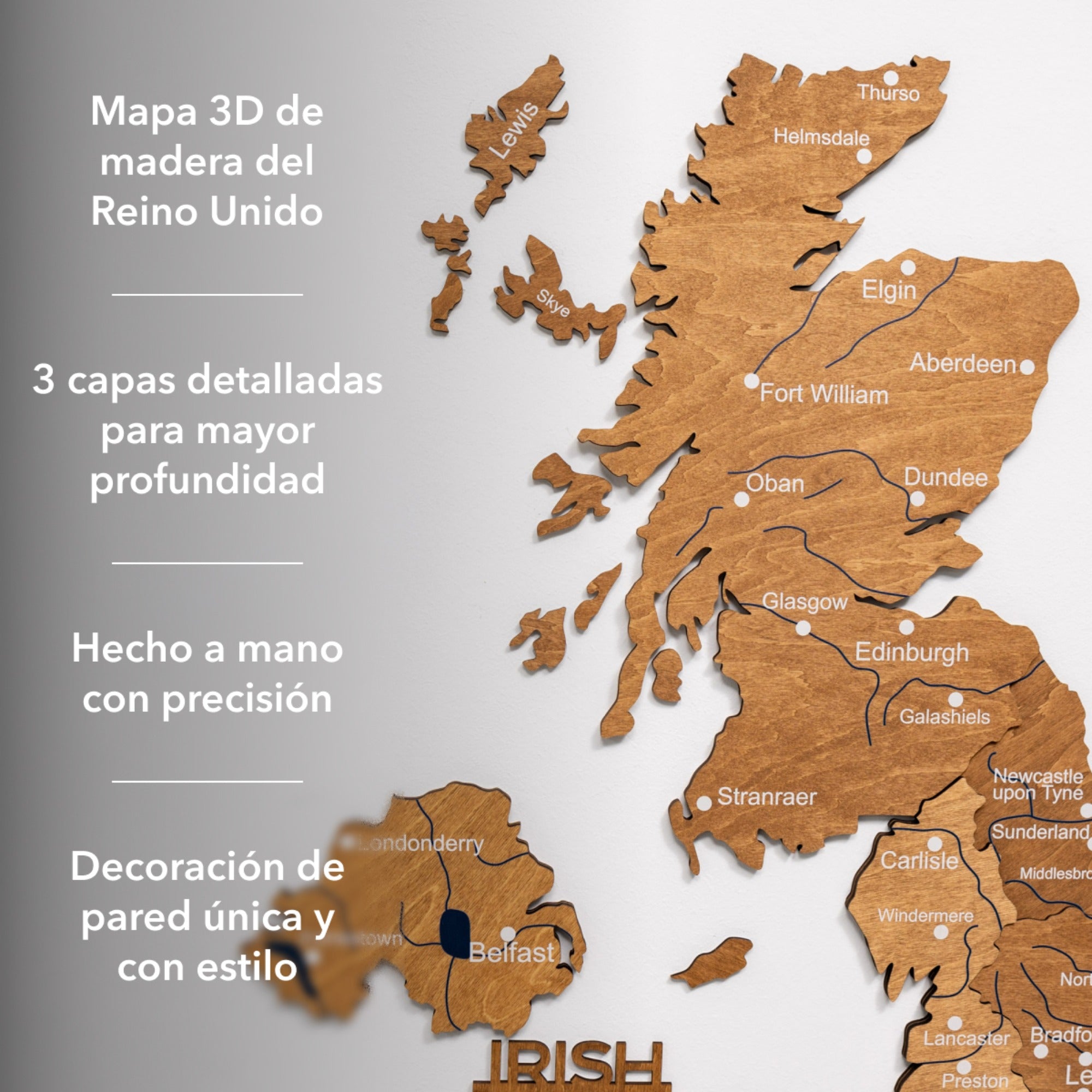 Mapa de madera 3D del Reino Unido – Roble