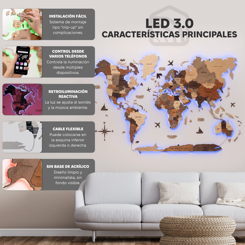 Mapamundi 3D de Madera LED 3.0 de Colores • Enjoy The Wood