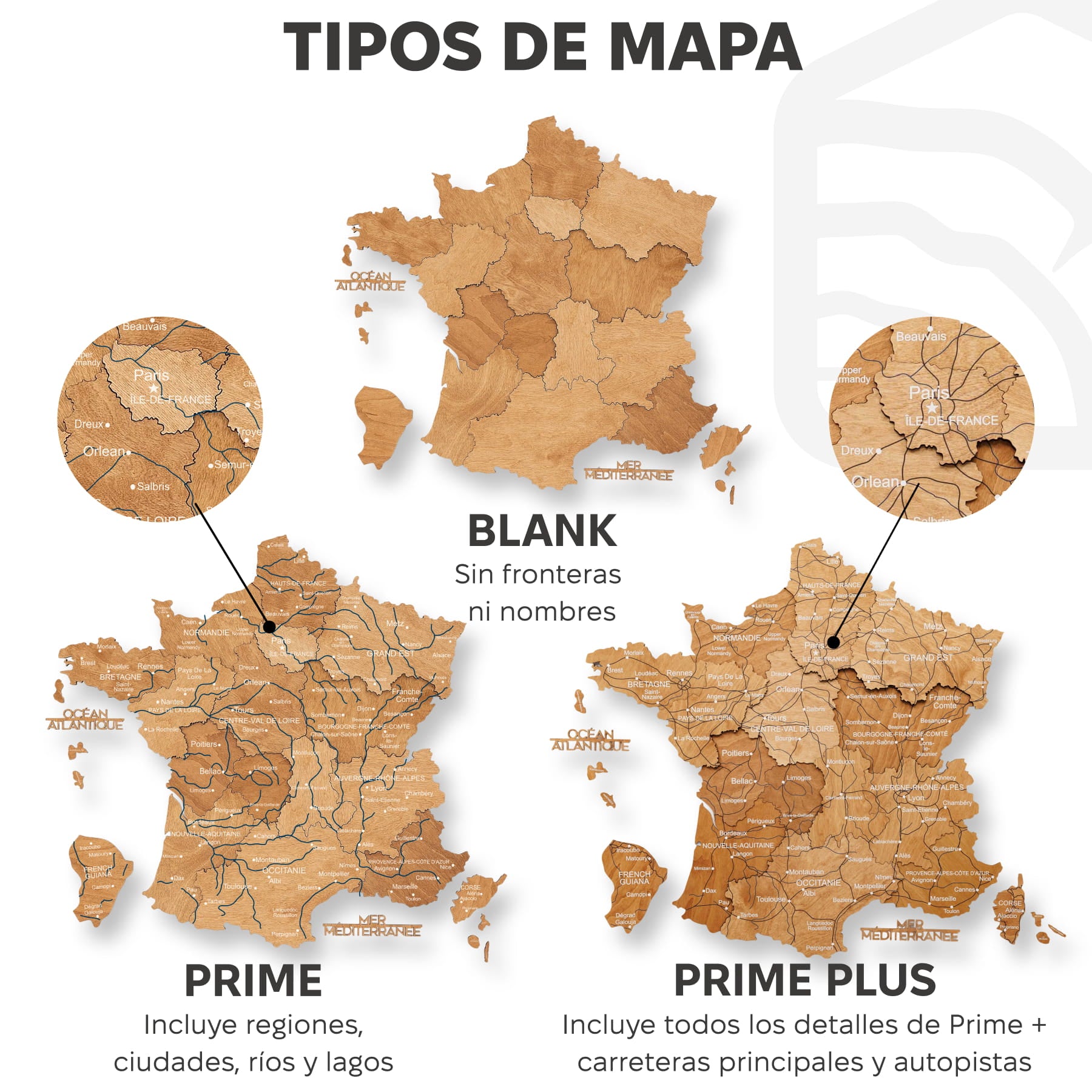 Mapa de Francia Madera Roble Natural