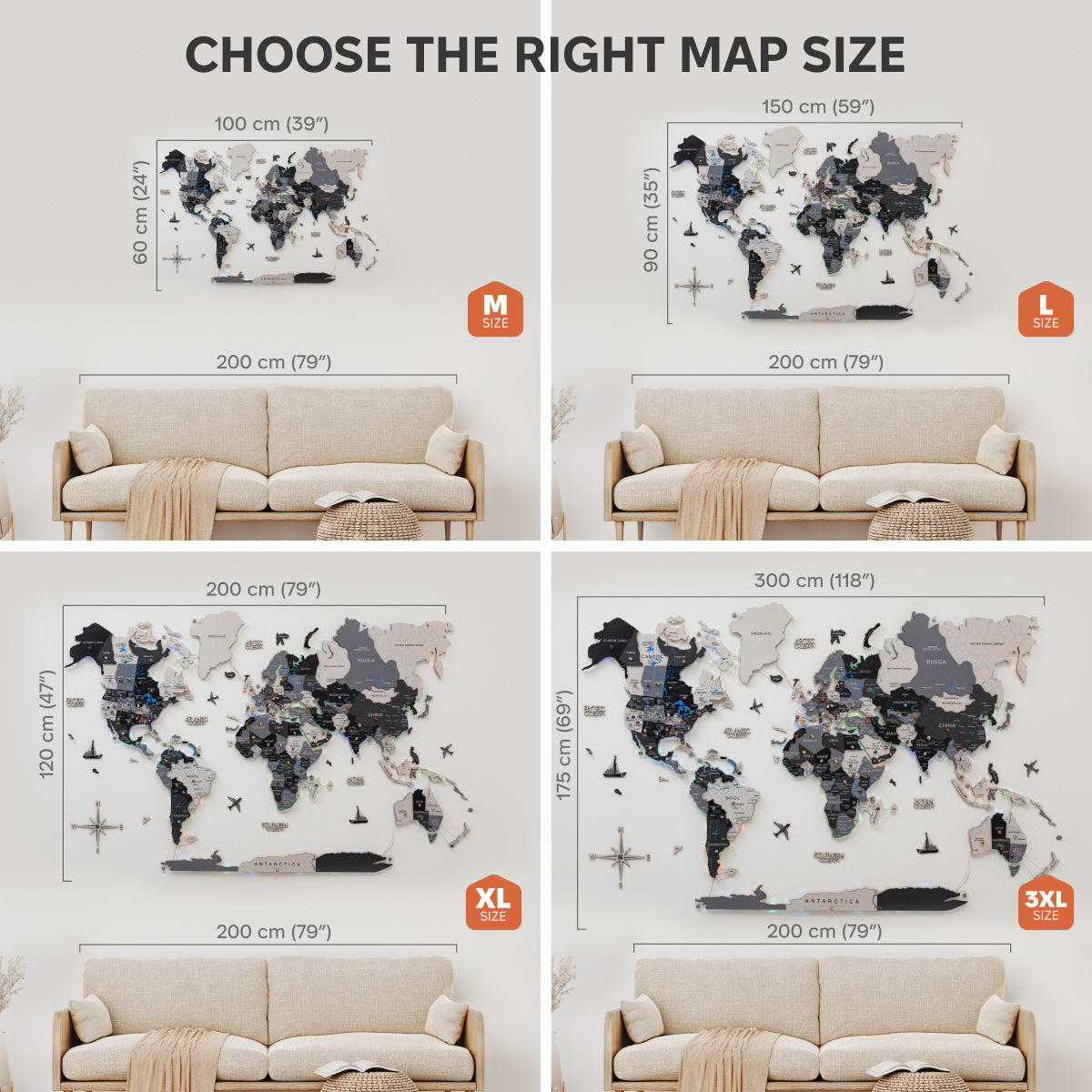World map wall art with size options displayed on a white background