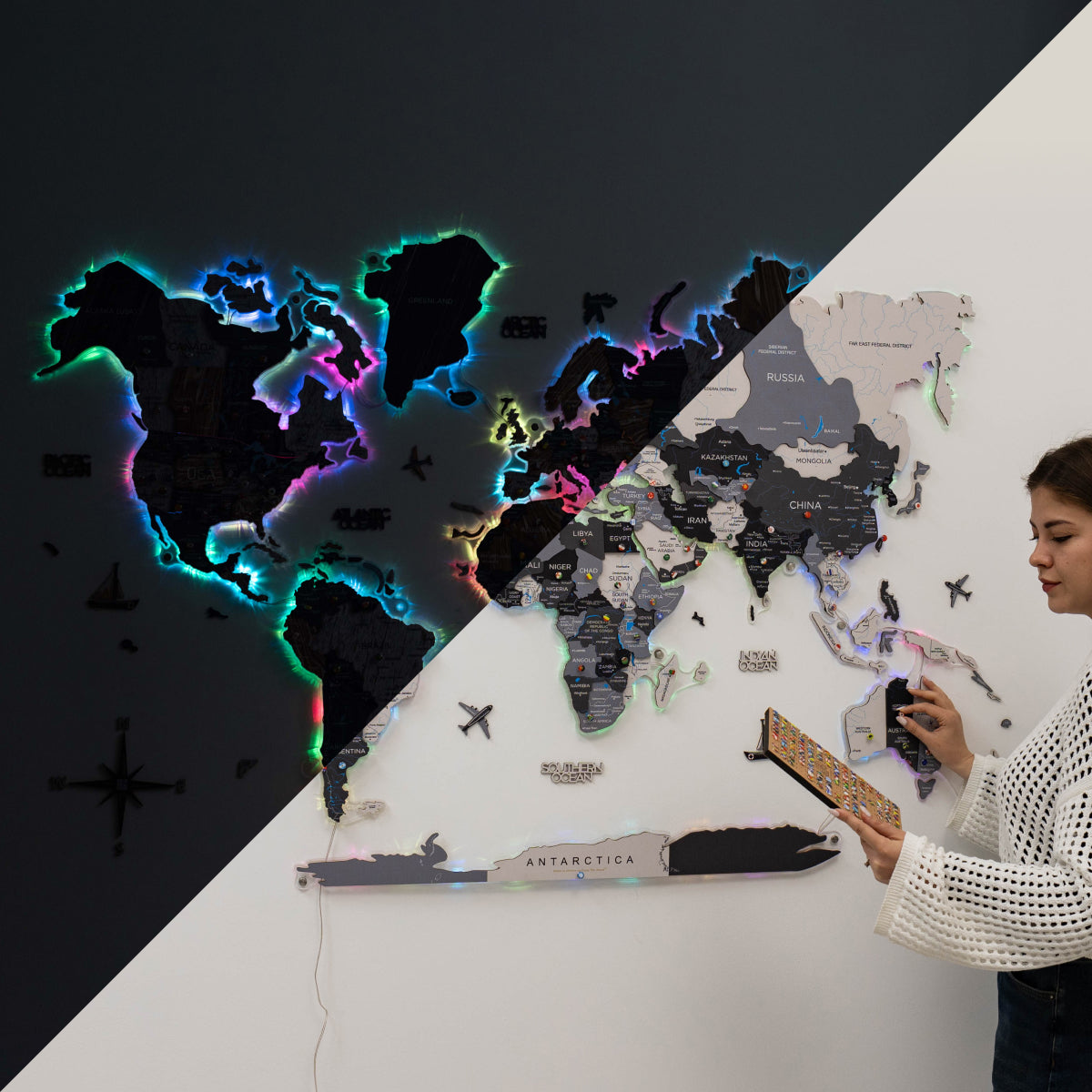 World map with colorful lighting on one side and a person holding a book on the other, on a black and white background.