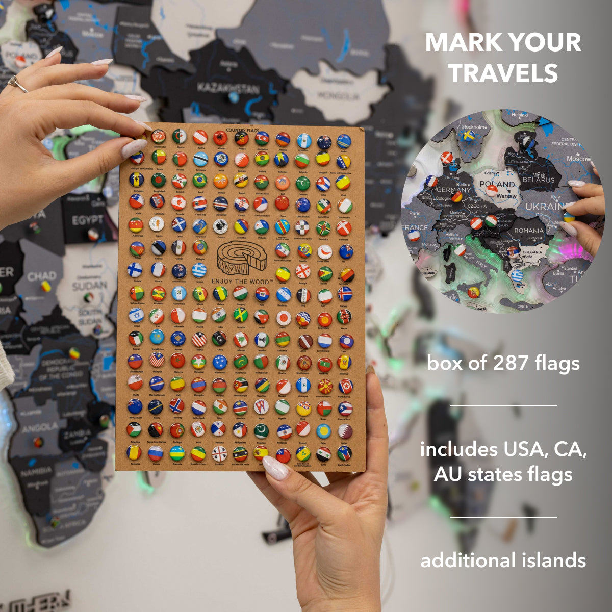 Hand holding a box of 287 flags with a map in the background