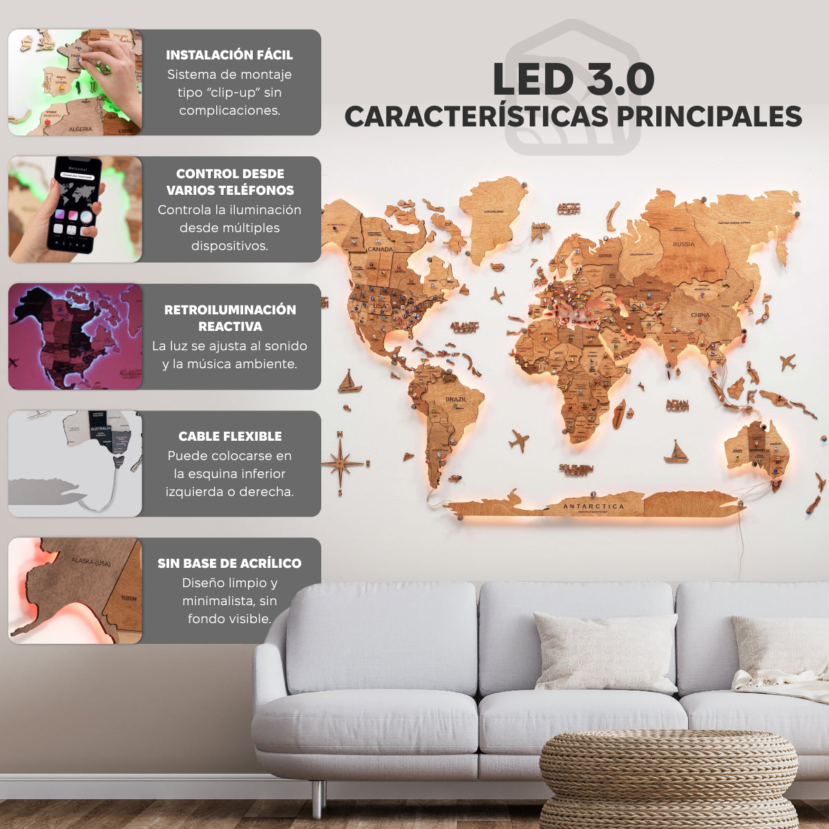 Mapa Mundi 3D de Madera con Luz LED 3.0 Roble