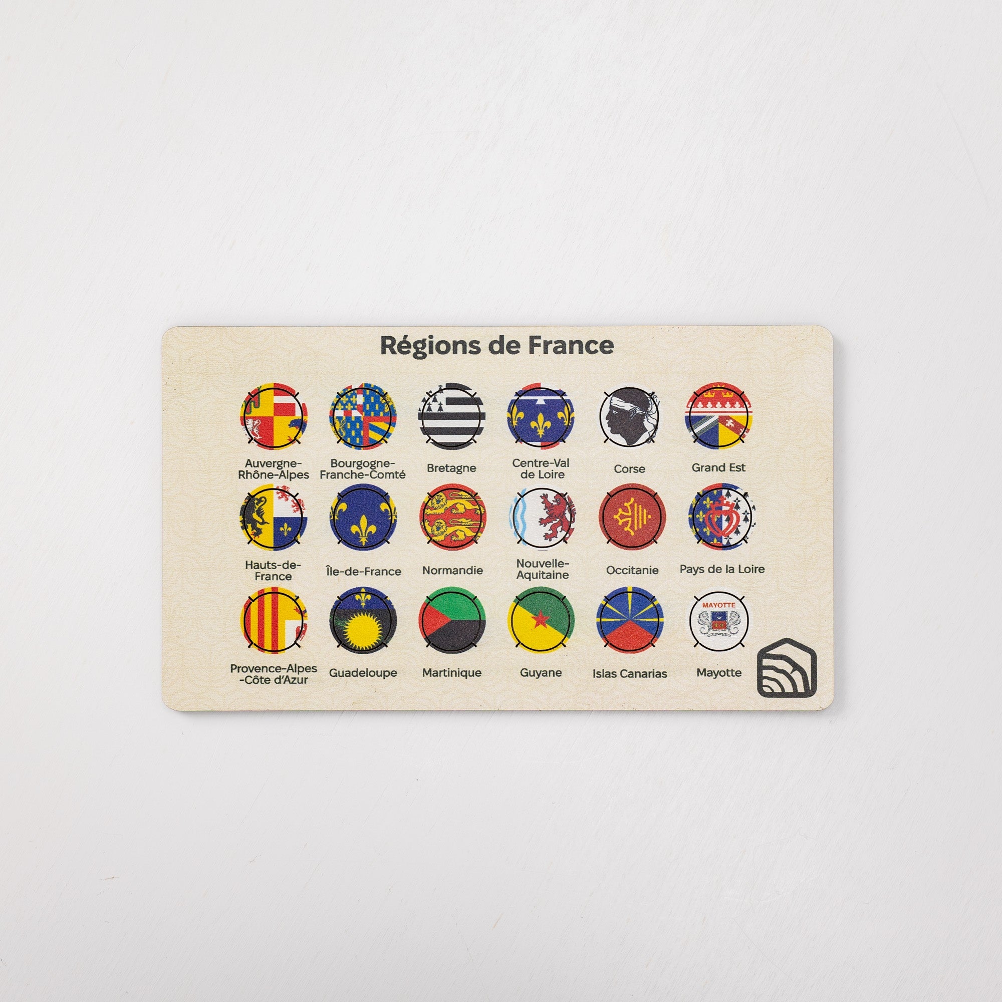 Map of France regions with each region's emblem on a beige background