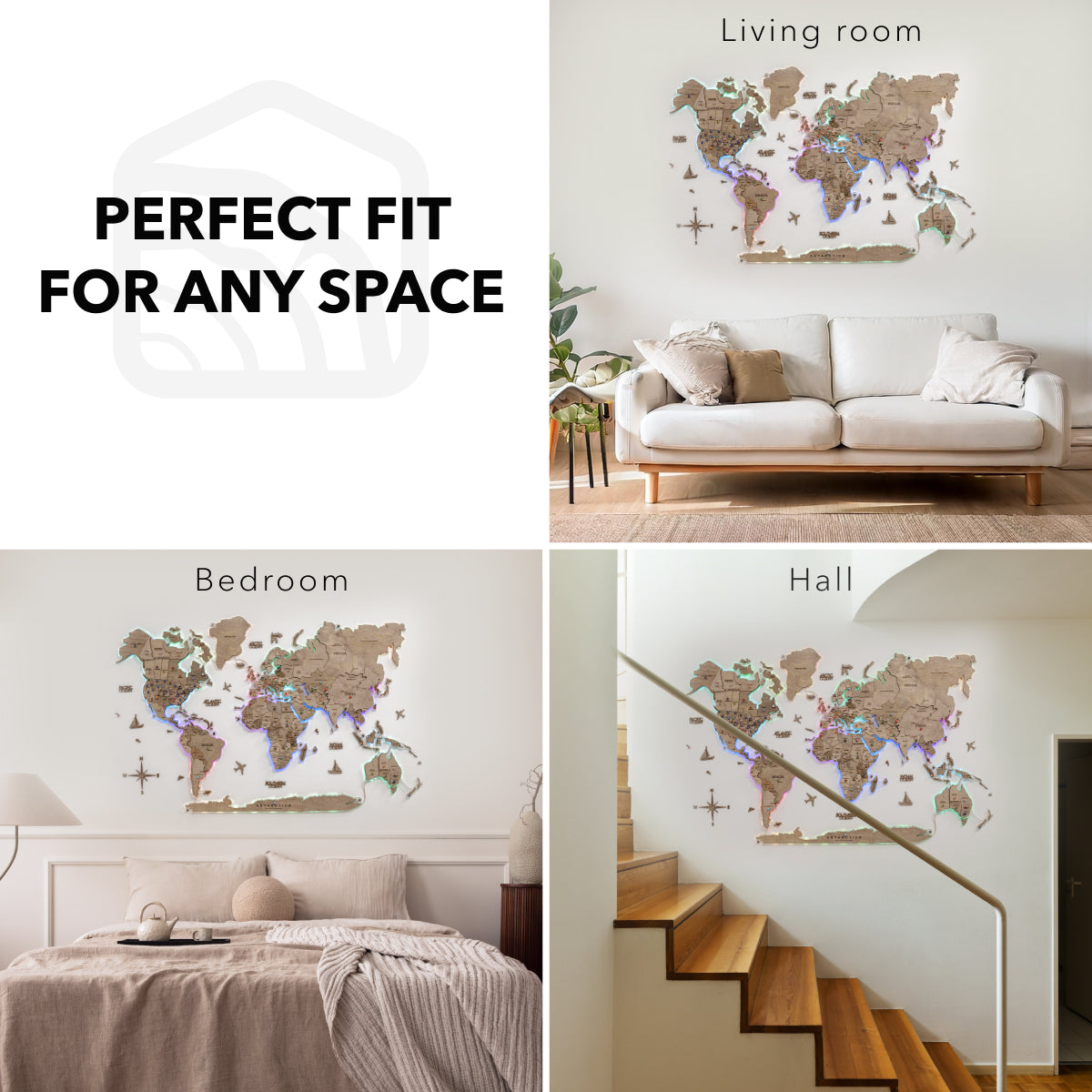 World map wall decal displayed in various rooms with text 'Perfect Fit for Any Space'.